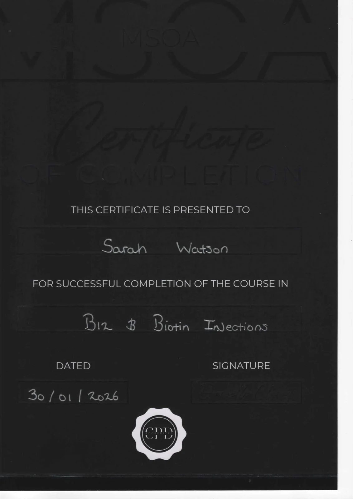 Sarah Watson B12 and Biotin injections certificate