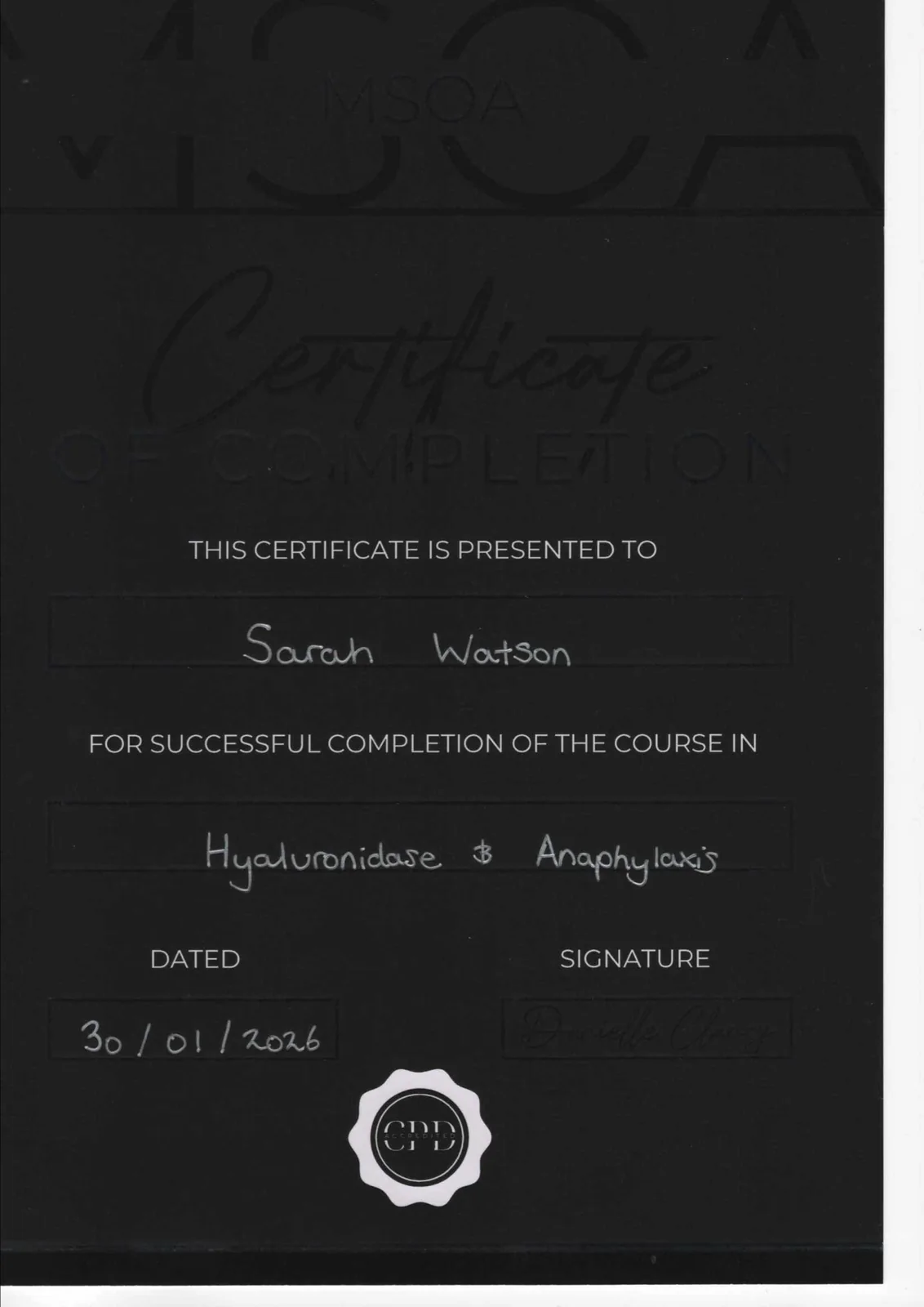 Sarah Watson Hyaluronidase and Anaphylaxis certificate