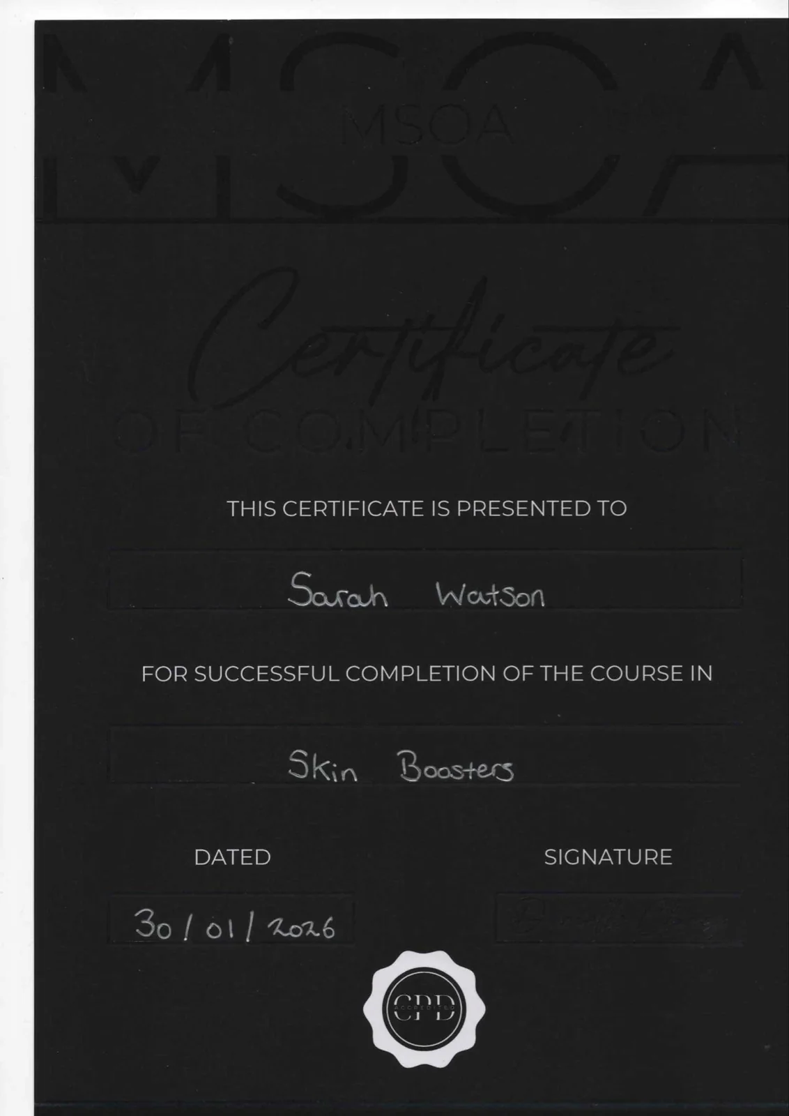 Sarah Watson Skin Boosters certificate