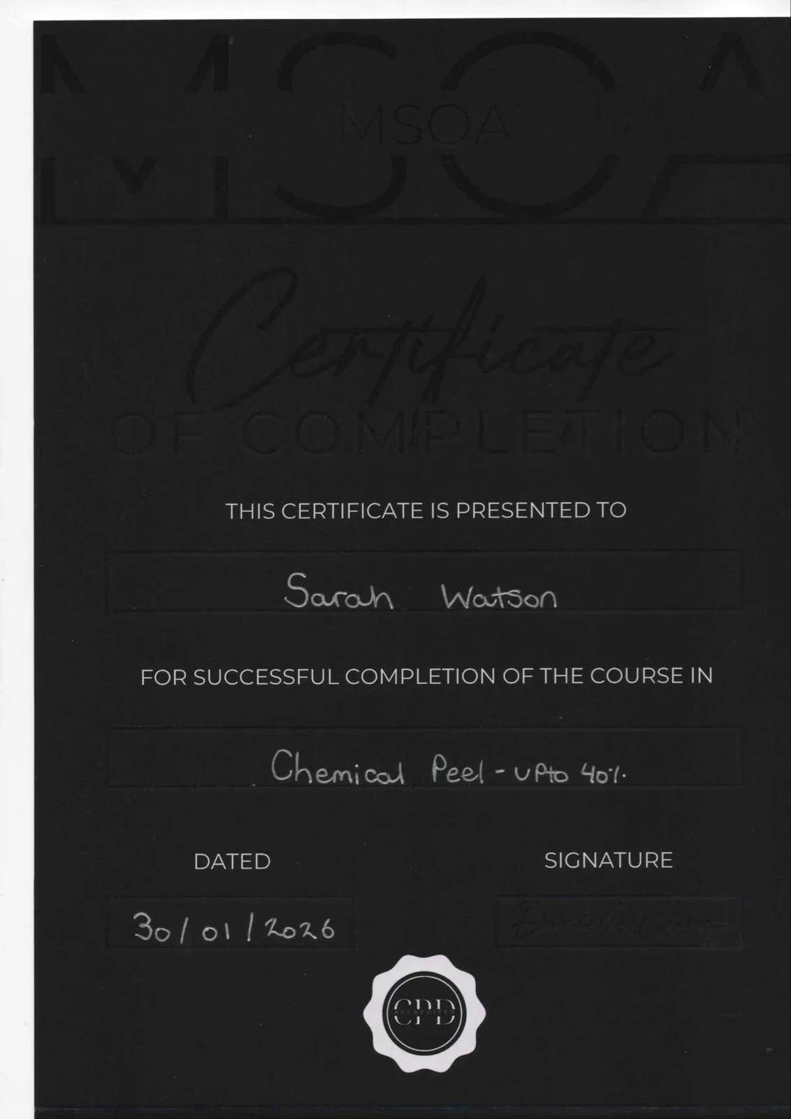 Sarah Watson Chemical Peel certificate