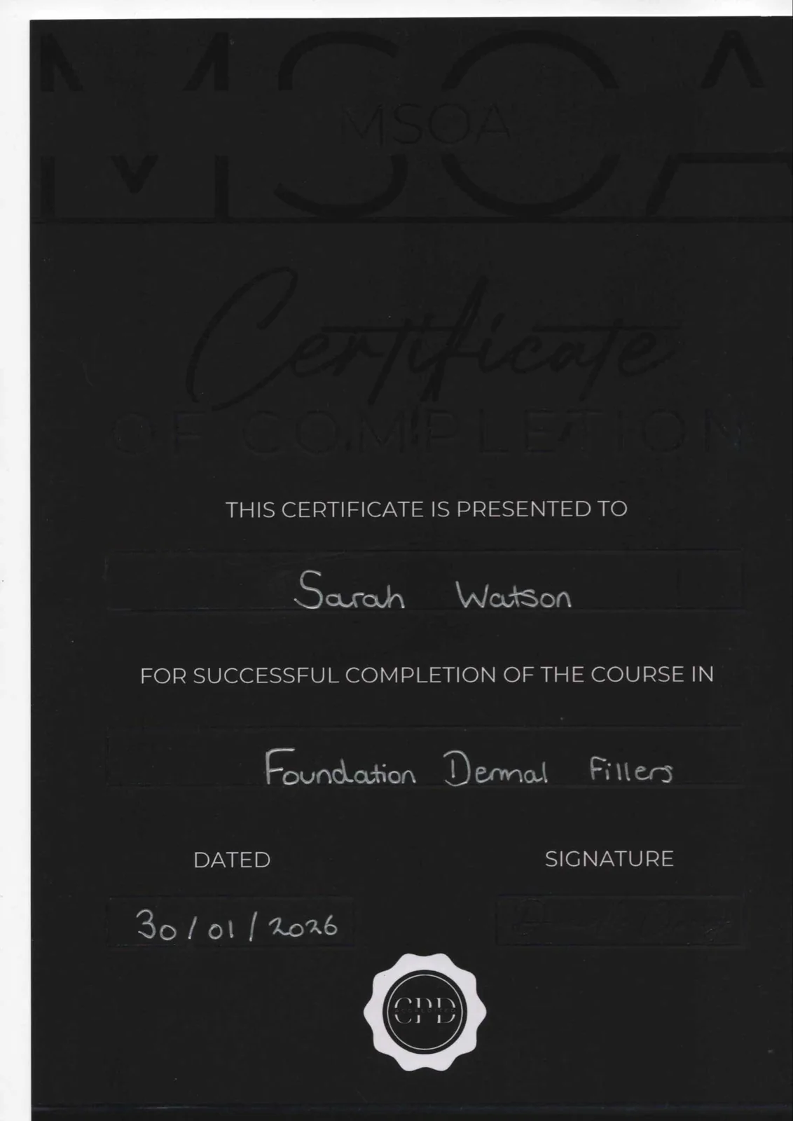 Sarah Watson Foundation Dermal Fillers certificate